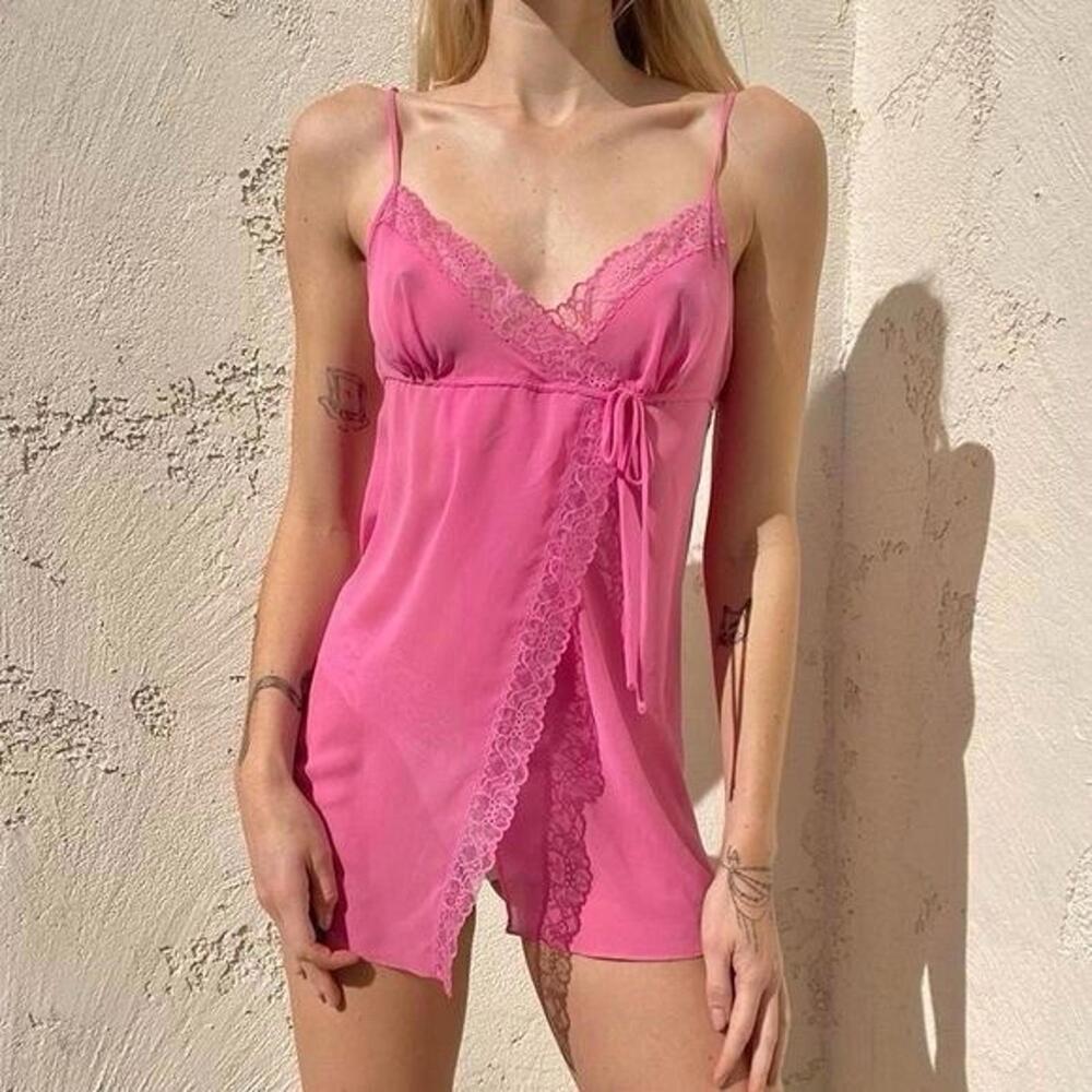 VTG Y2K Victoria’s Secret Hot Pink Sheer Lace Babydoll Slip Top M Fairycore
